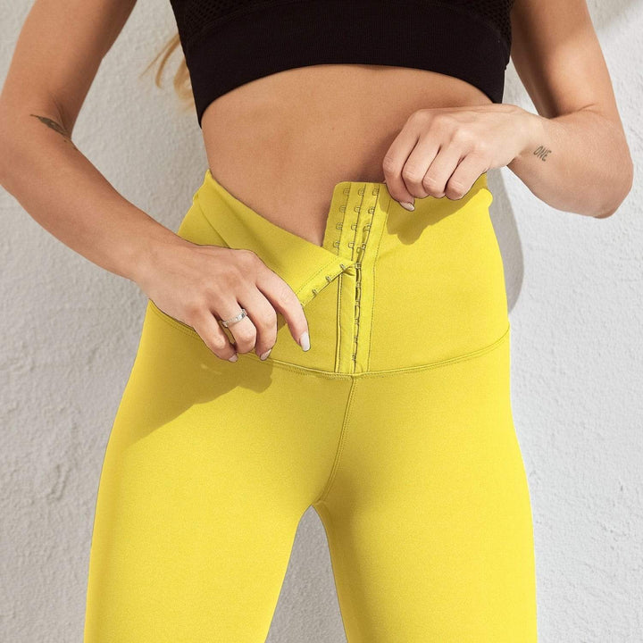 Gelbe Shaping-Leggings mit Korsett-Verschluss, Damenmode, figurformend, elastisch, bequem.