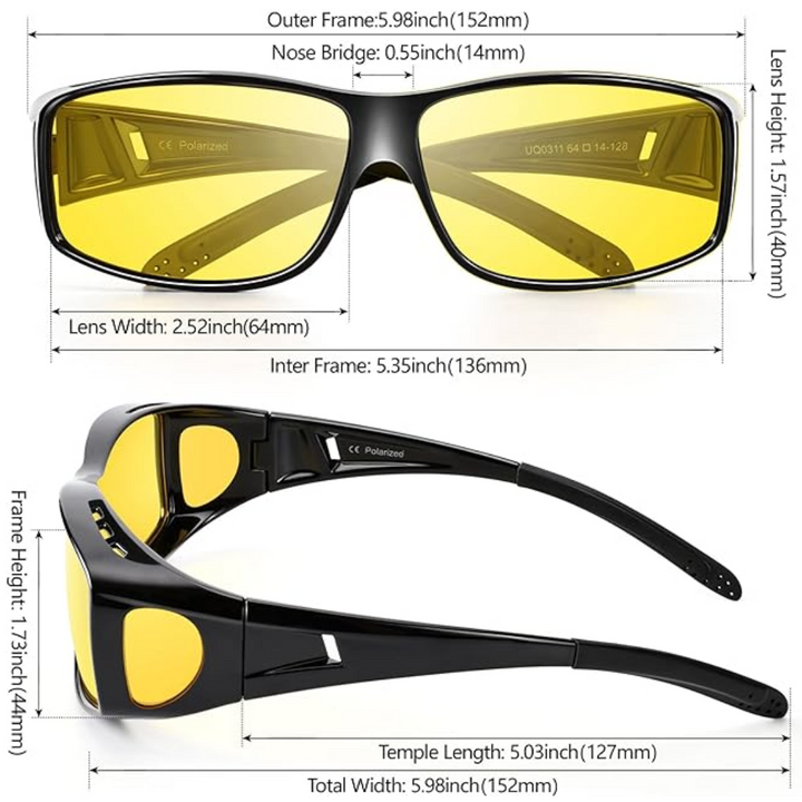 Polarisierte gelbe Nachtsichtbrille, UV-Schutz, schwarzer Rahmen, ideal für Autofahren.