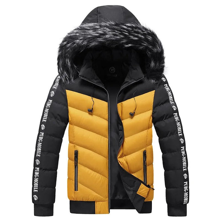 Gelbe und schwarze Winterjacke mit Kapuze und Kunstfell, PUBG MOBILE-Logo, Herrenmode.
