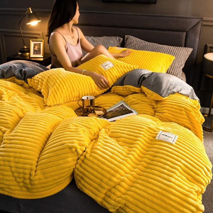 Gelbes, geripptes Winterbettdecke-Set, 150x200cm, gemütlich, warm, Schlafzimmer, Pantino.