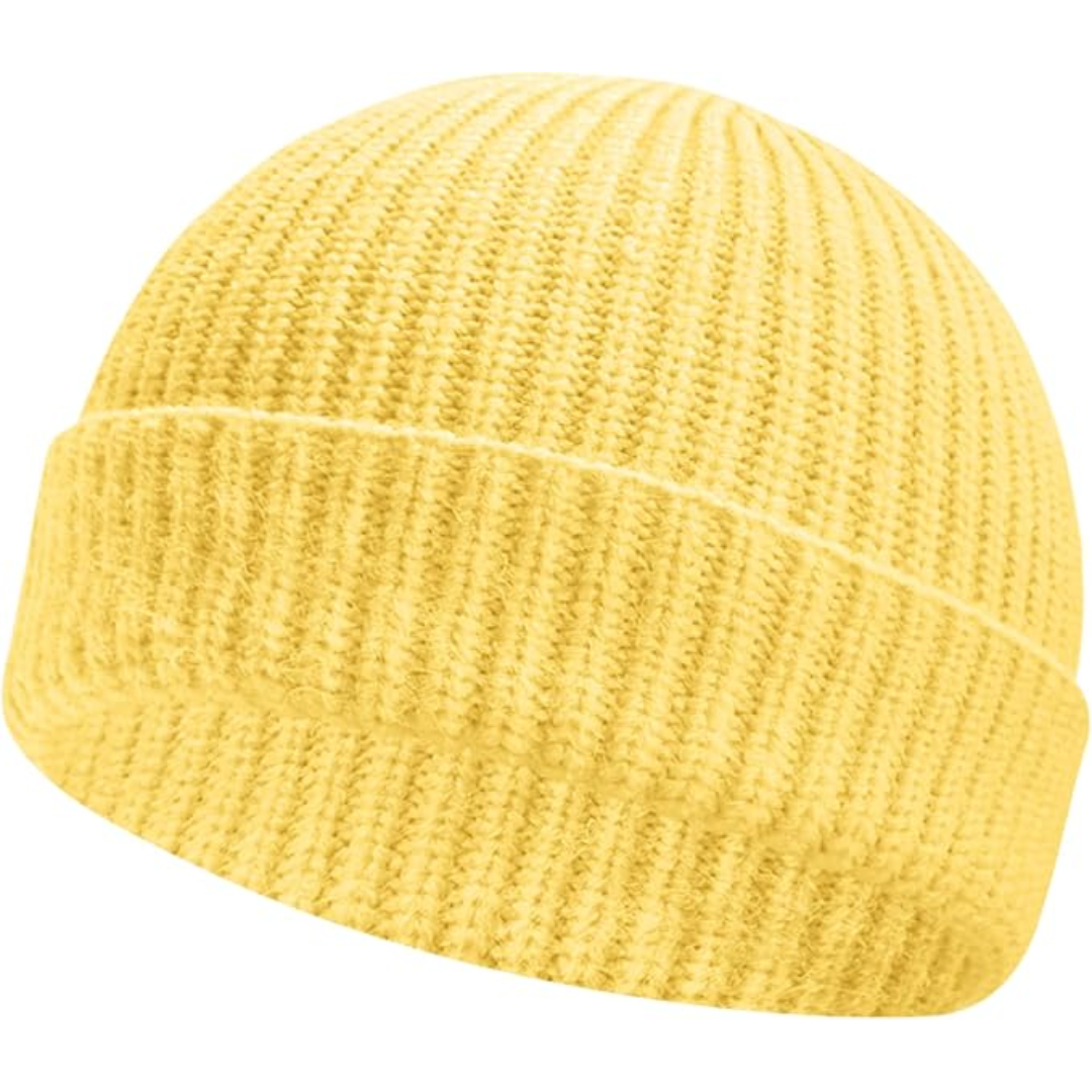 Gelbe Strickmütze aus Wolle, warm und modisch, ideal für Herbst und Winter, Unisex-Design.