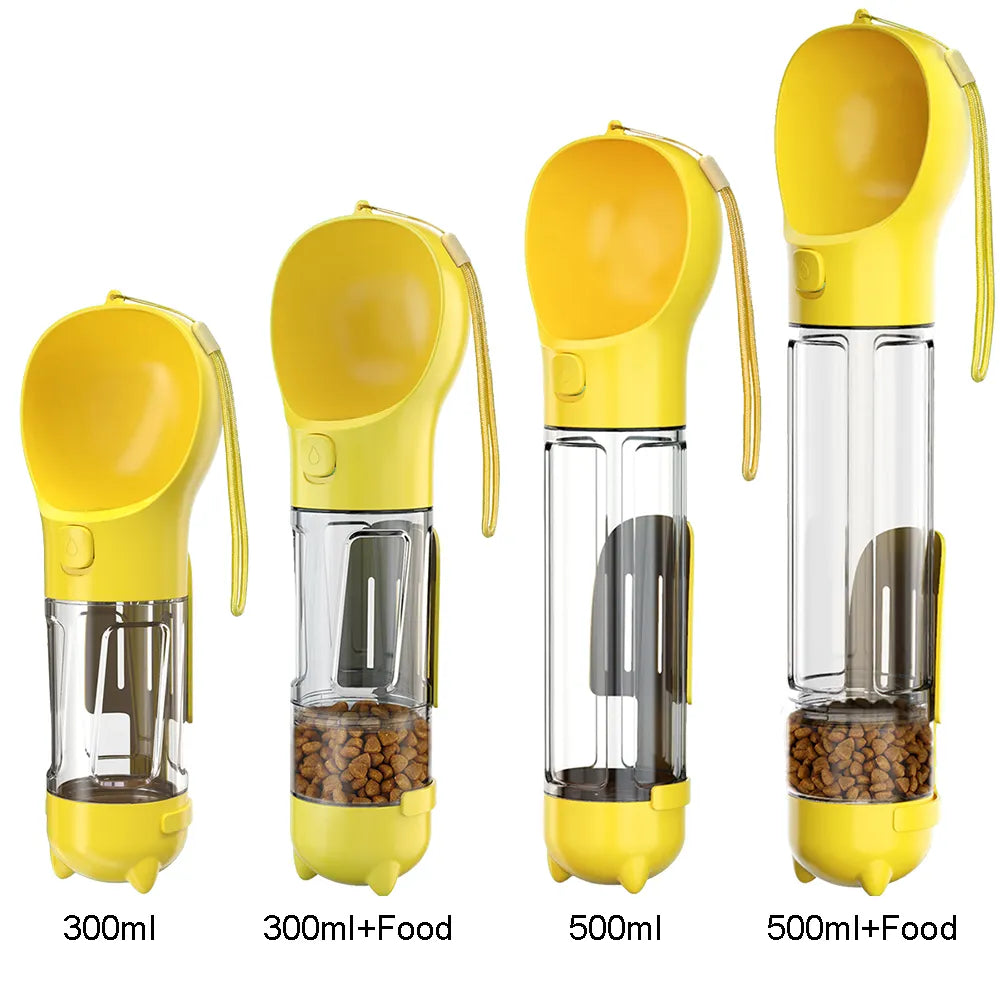 Gelbe tragbare Hundewasserflasche mit Futterbehälter, 300ml und 500ml, auslaufsicher.