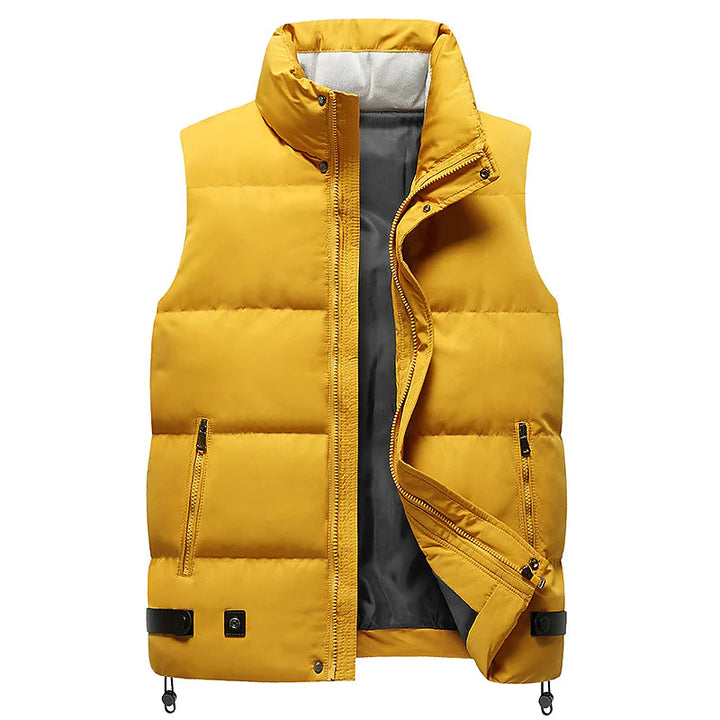 Gelbe Herren-Daunenweste, ärmellos, warm, modisch, Outdoor-Bekleidung, Reißverschluss.