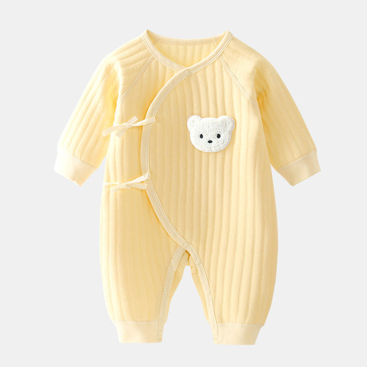 Gelber Baby-Strampler mit Bärenmotiv, Baumwolle, langärmelig, weiches Material, Neugeborenenkleidung.