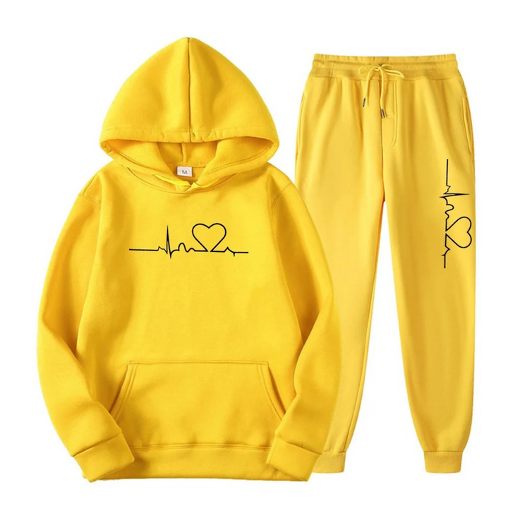 Gelber Hoodie und Jogginghose Set mit Herz-EKG-Design, Unisex, Baumwolle, Freizeitkleidung.