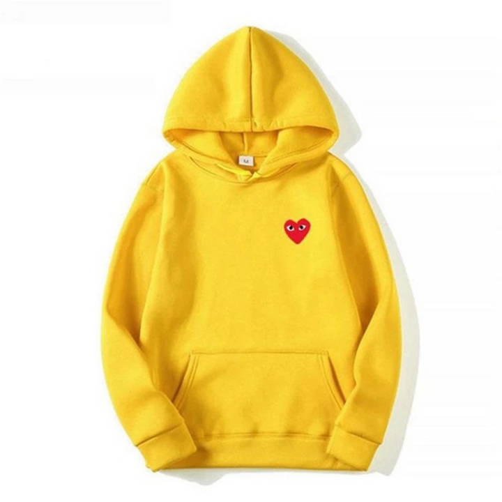 Gelber Damen-Hoodie mit rotem Herz-Emblem, Baumwolle, Kapuze, Kängurutasche.