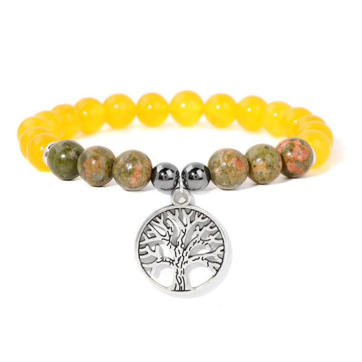 Gelbes und grünes Perlenarmband mit Lebensbaum-Anhänger, Schmuck, modisch, Damenaccessoire.