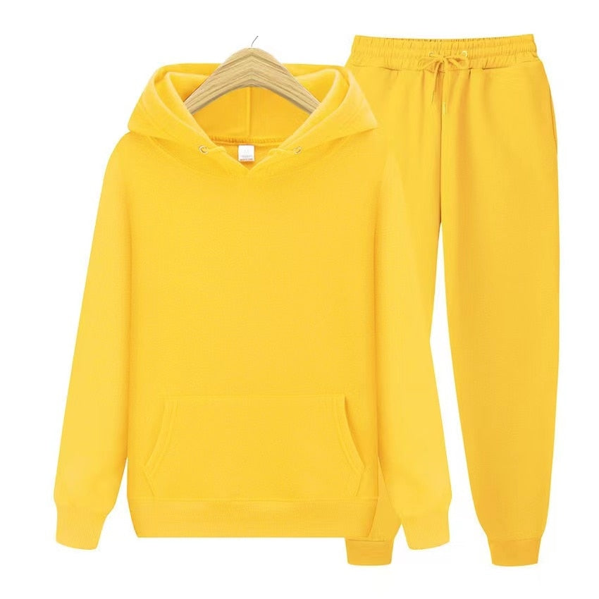 Gelber Kapuzenpullover und Jogginghose Set, Unisex, Baumwolle, bequem, Freizeitkleidung.