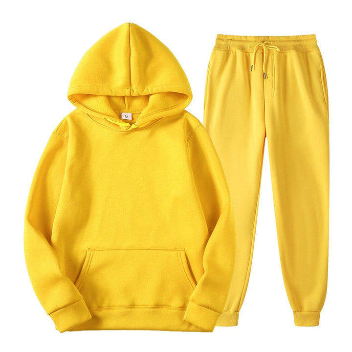 Gelber Kapuzenpullover und Jogginghose Set, Baumwolle, Unisex, Freizeitmode, bequem, sportlich.