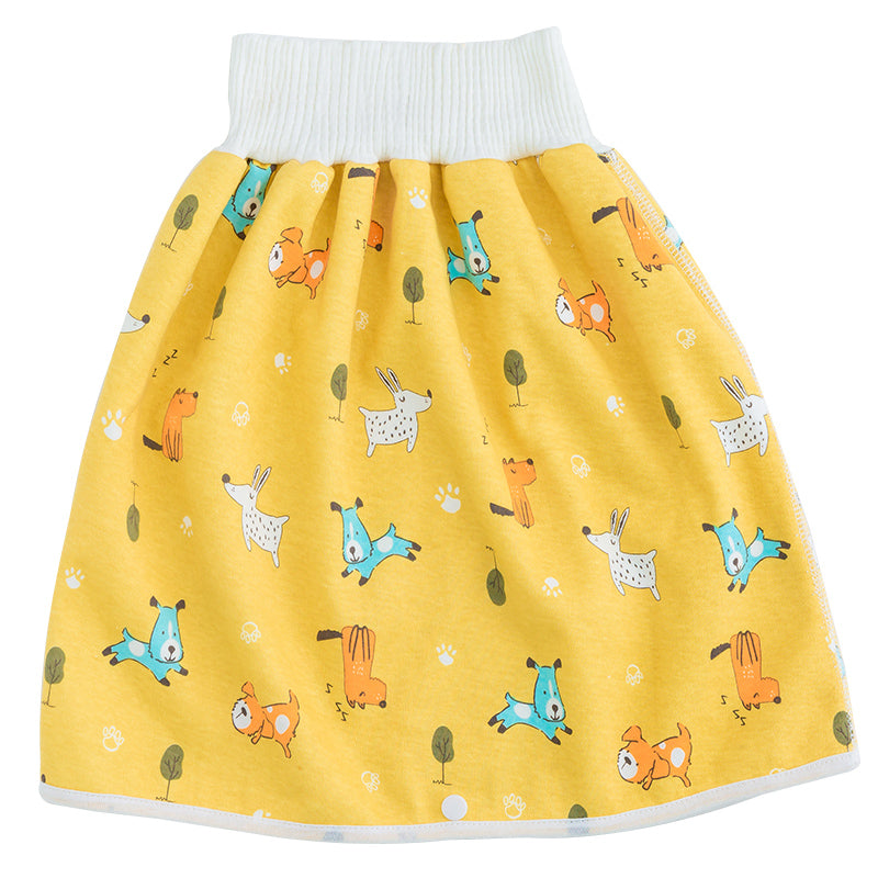 Gelber Kinderrock mit Tiermotiven, elastischer Bund, Baumwolle, wiederverwendbar, 2-in-1 Design.