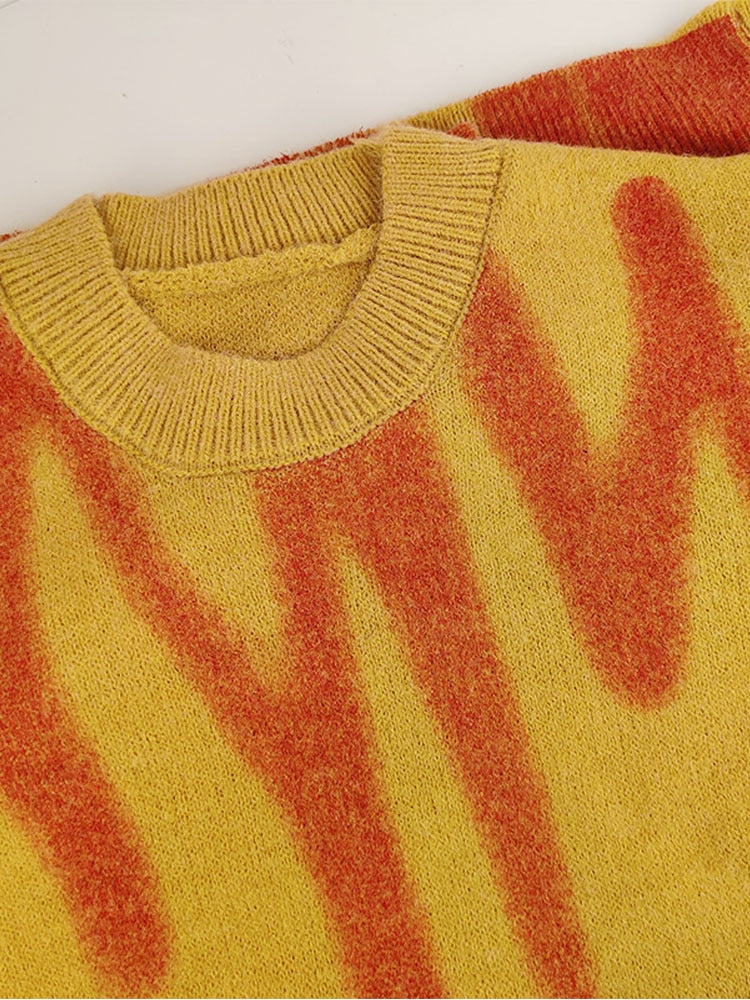 Gelber Strickpullover mit rotem Flammenmuster, Baumwolle, modisch, warm, Unisex.