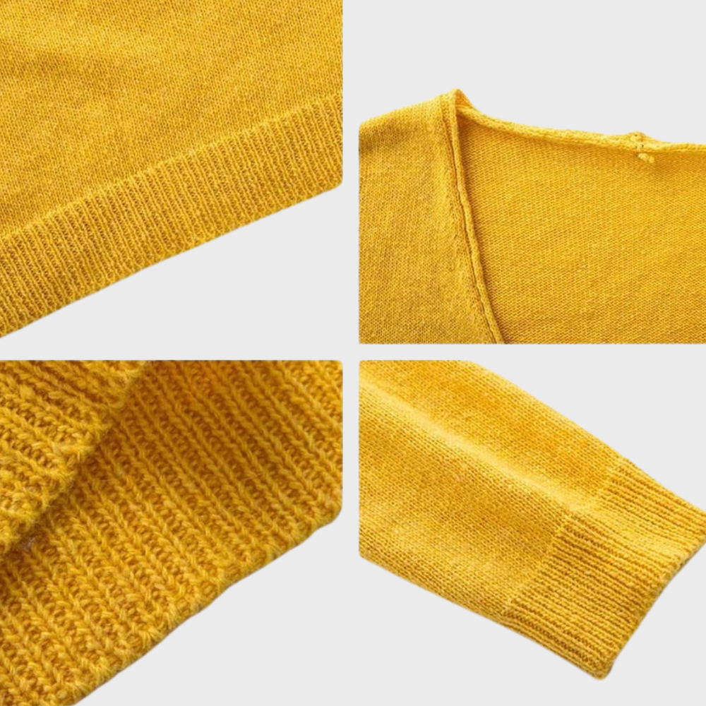 Gelber Strickpullover aus Wolle, V-Ausschnitt, Detailansicht, weiches Material, modisch.