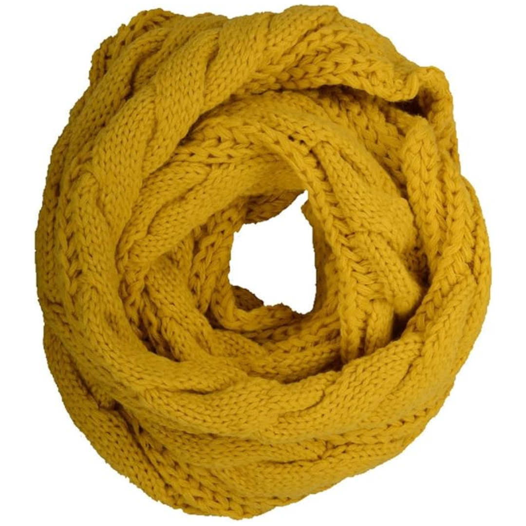 Gelber Strickschal aus Wolle, modisches Accessoire, warm und weich für den Winter.