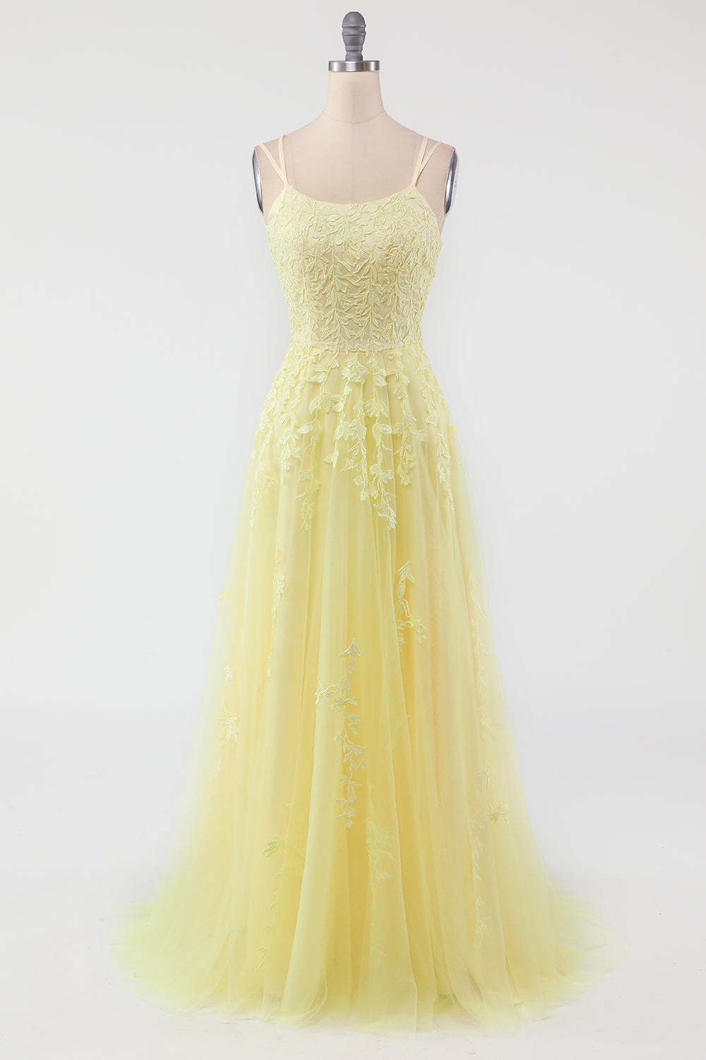 Gelbes Abendkleid aus Tüll mit Blumenstickerei, ärmellos, elegantes Design, bodenlang.