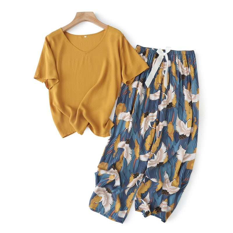 Damen Pyjama-Set, gelbes T-Shirt, bunte Vogel-Print-Hose, bequem, modisch, Baumwolle.