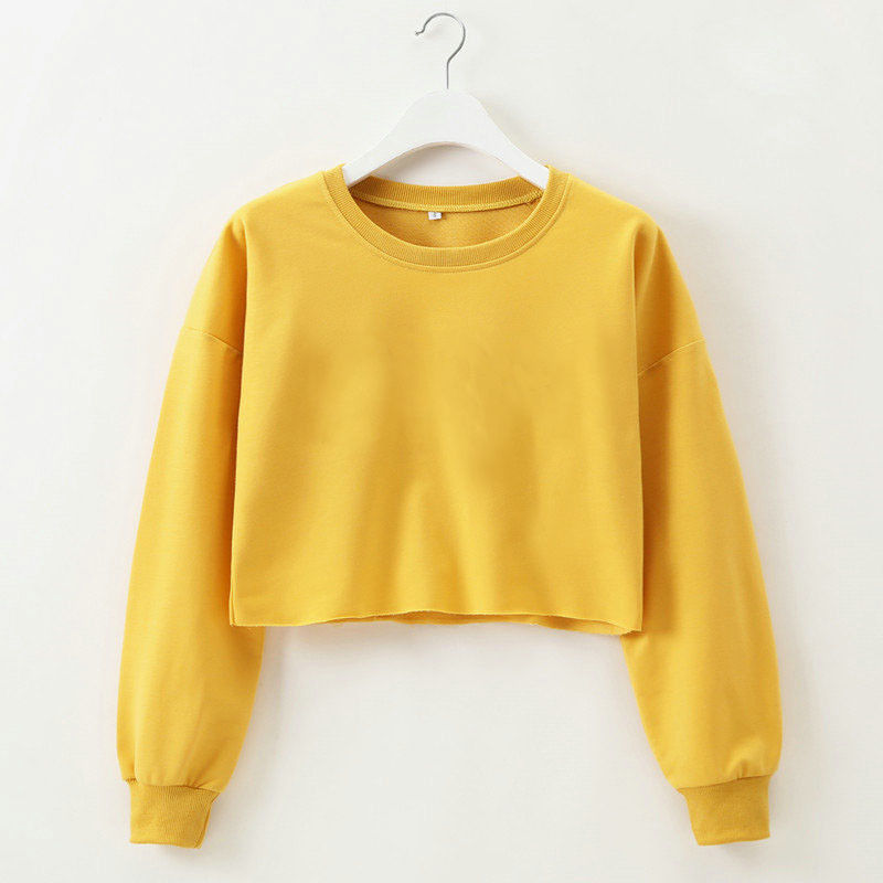 Gelber Damen-Cropped-Pullover, Langarm, Baumwolle, modisch, bequem, Freizeitkleidung.