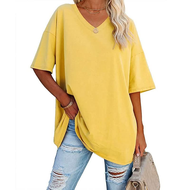Gelbes Damen-T-Shirt, V-Ausschnitt, lässig, Baumwolle, Sommermode, übergroß, kurze Ärmel.
