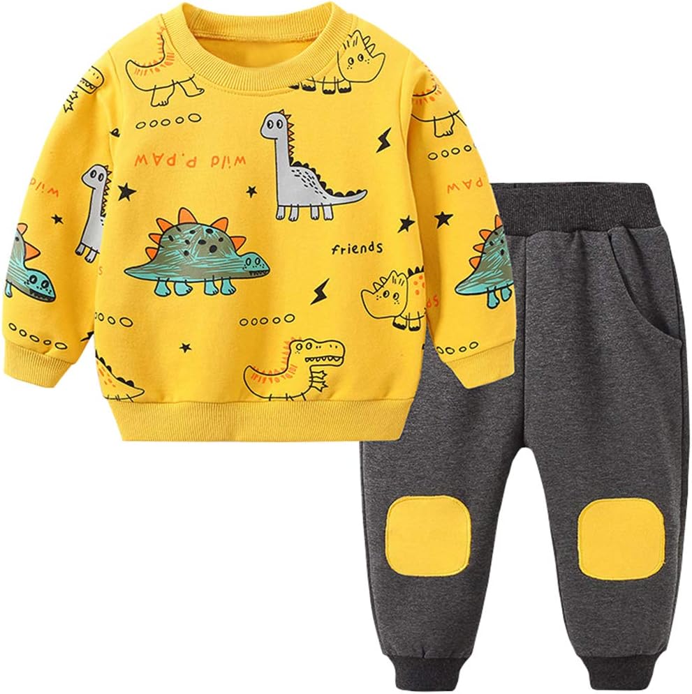 Gelbes Dinosaurier-Kinder-Sweatshirt und graue Jogginghose, Baumwolle, Freizeitkleidung.