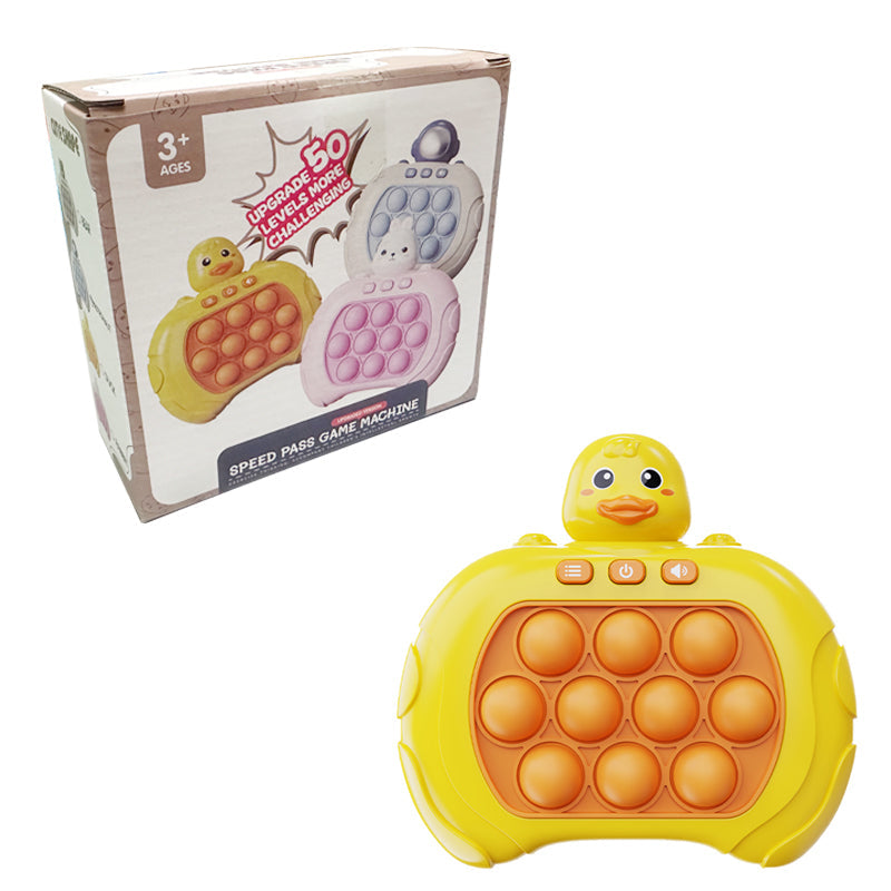 Gelbes Enten-Pop-It-Spielzeug, Kunststoff, für Kinder ab 3 Jahren, mit Verpackung.