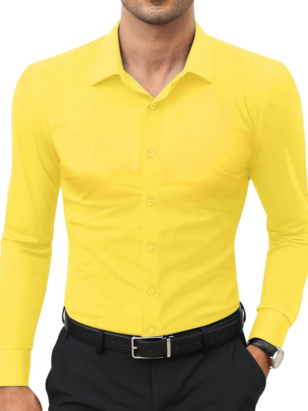 Gelbes Herrenhemd, langärmelig, Baumwolle, klassischer Kragen, Business-Look.