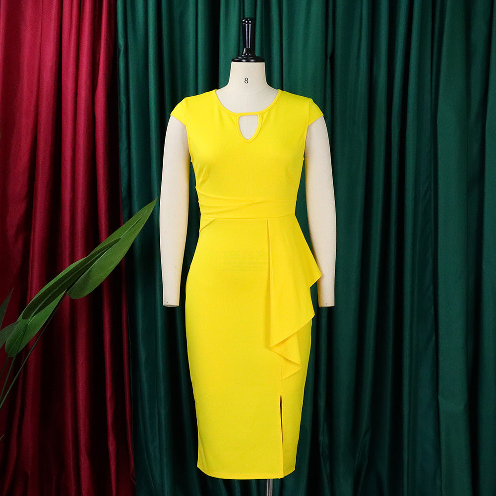 Gelbes Etuikleid Damen, ärmellos, elegantes Design, Schlüssellochausschnitt, Abendmode.
