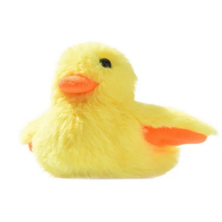 Gelbes Plüschente Spielzeug, weiches Kuscheltier, Kinder Geschenk, gelb-orange Farben.