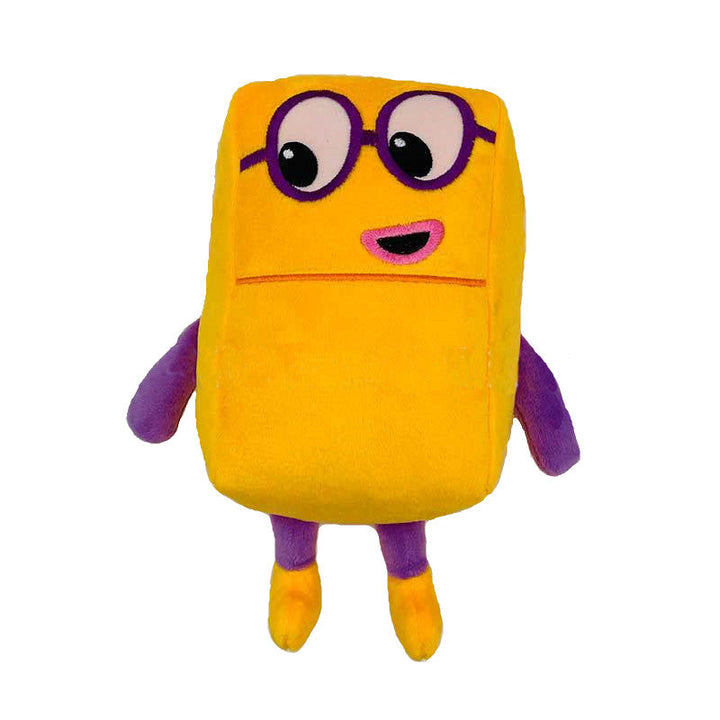 Gelbes Plüschspielzeug mit Brille, lila Armen und Beinen, Kinderkuscheltier, Geschenkidee.