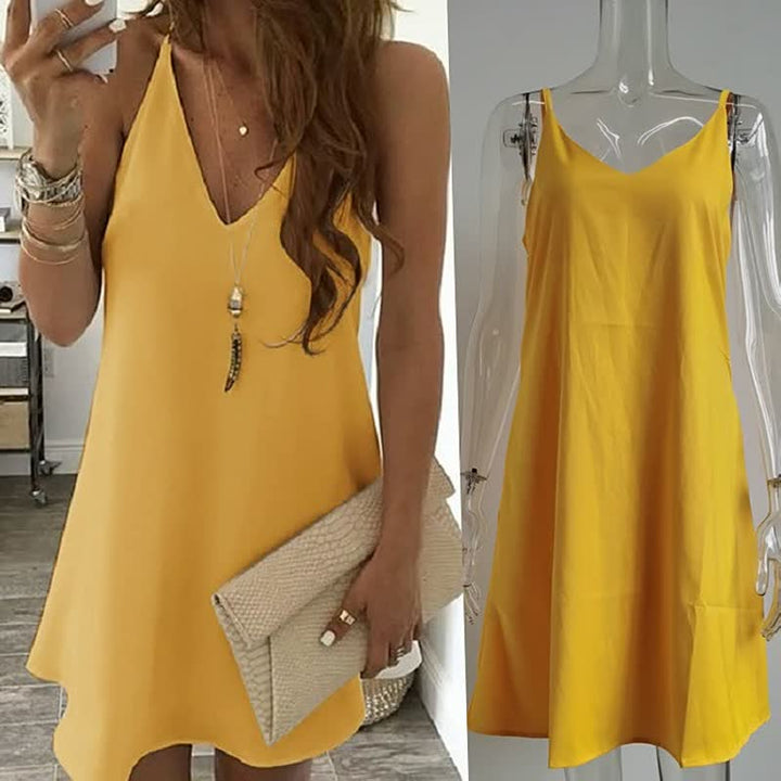 Gelbes Sommerkleid Damen, ärmellos, V-Ausschnitt, lässig, elegant, Freizeitmode, Baumwolle.