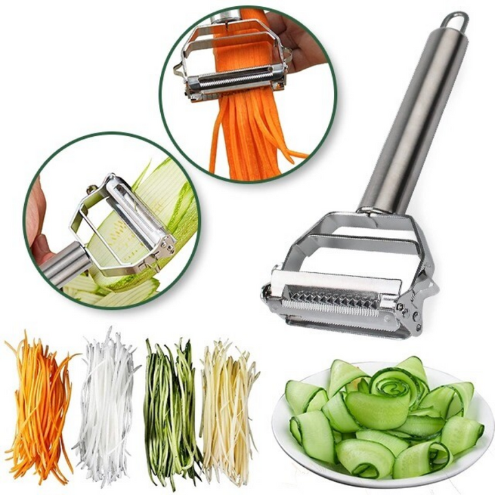 Edelstahl-Gemüseschäler mit Doppelklinge, ideal für Karotten und Zucchini, langlebig und effizient.