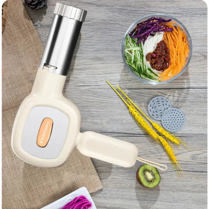 Elektrischer Gemüseschneider, weiß, Edelstahl, mit Schüssel, ideal für Salate und Küchenzubehör.