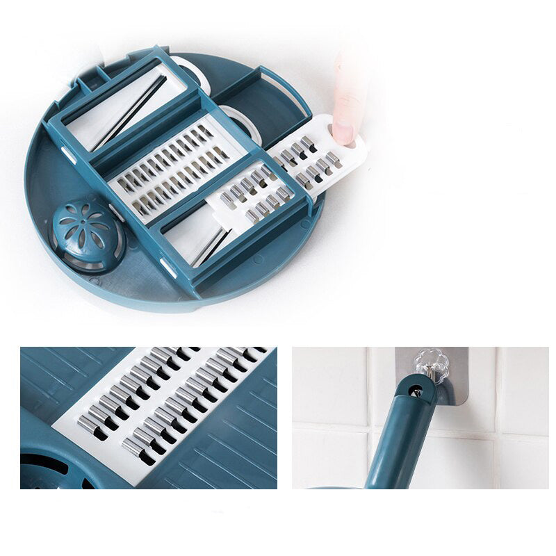 Runder blauer Gemüseschneider mit verschiedenen Klingen, ideal für Küche, platzsparend.