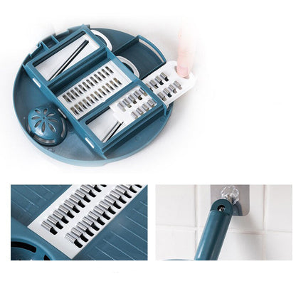 Runder blauer Gemüseschneider mit verschiedenen Klingen, ideal für Küche, platzsparend.