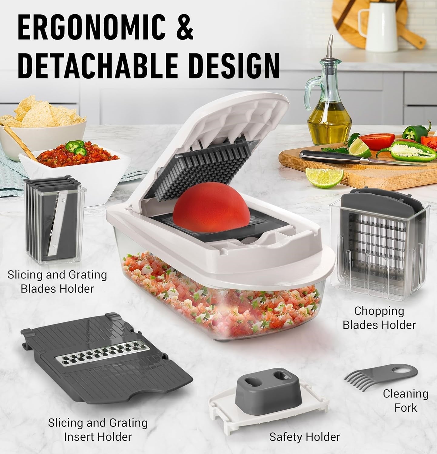 Ergonomischer Gemüseschneider, abnehmbar, mit Schneid- und Reibeklingen, weiß, Küche.