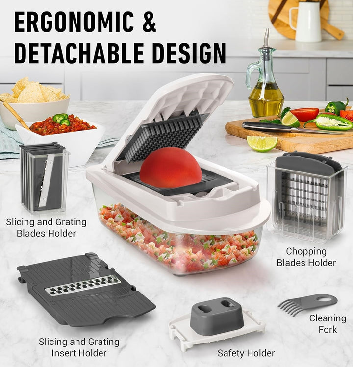 Ergonomischer Gemüseschneider, abnehmbar, mit Schneid- und Reibeklingen, weiß, Küche.