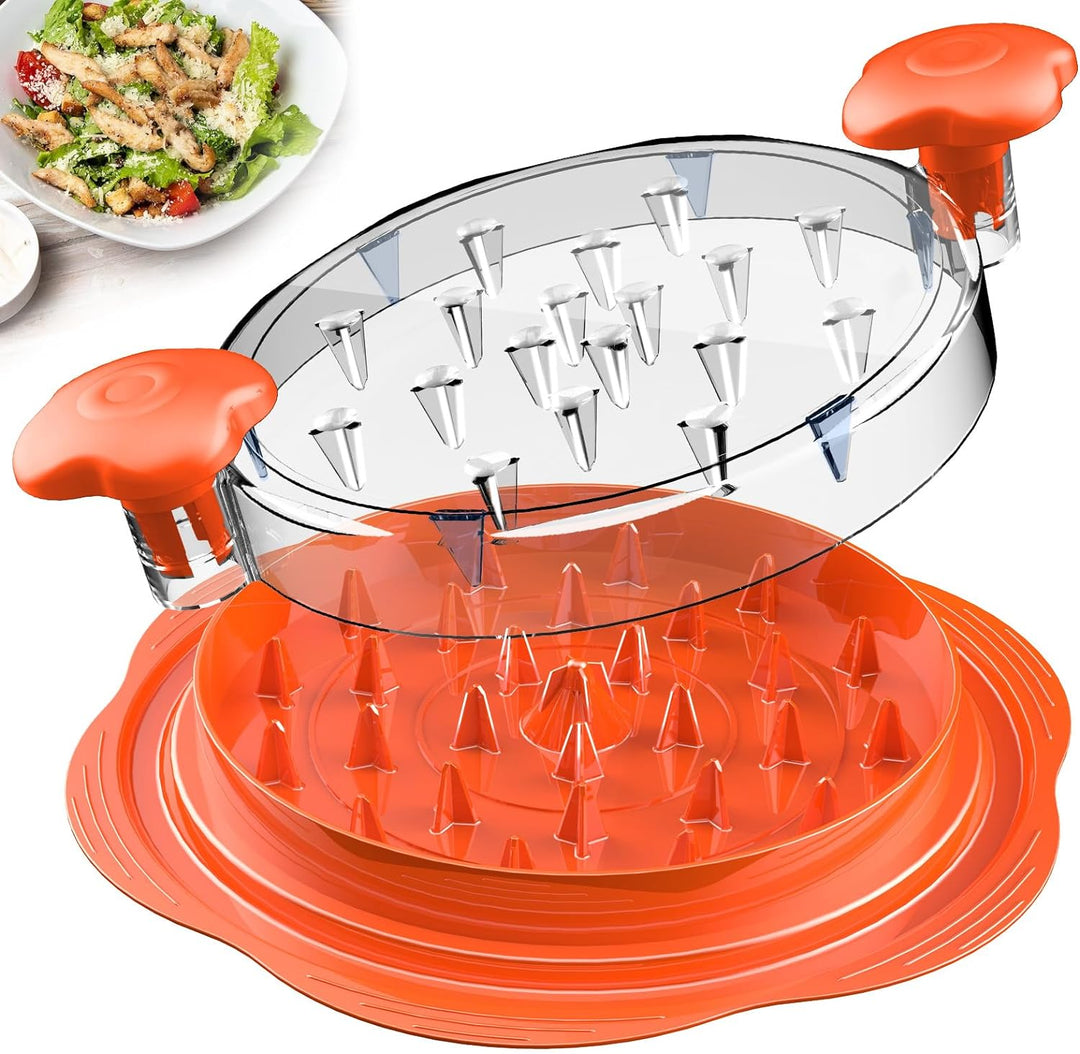 Orangener Gemüseschneider aus Kunststoff mit transparentem Deckel, ideal für Salate.