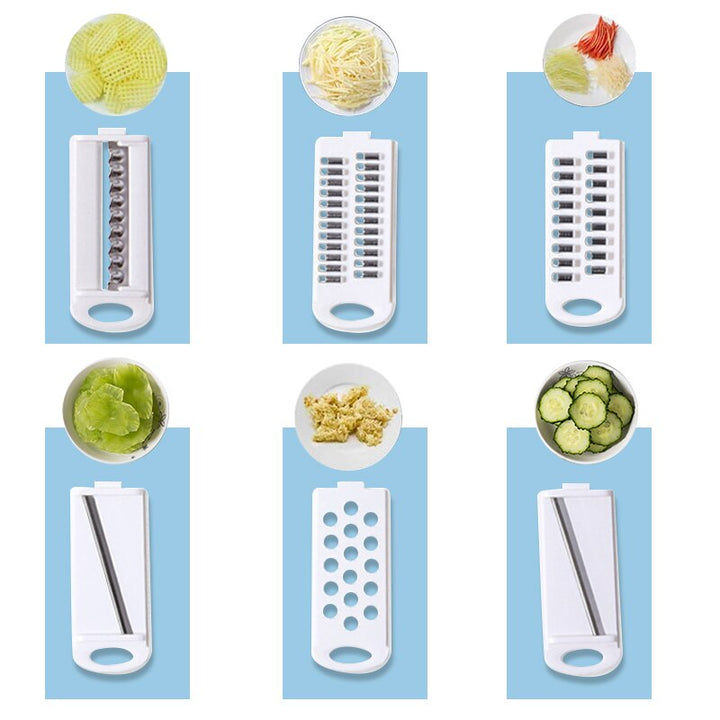 Sechsteiliges weißes Gemüsehobel-Set, verschiedene Klingen, Kunststoff, Küchenzubehör.