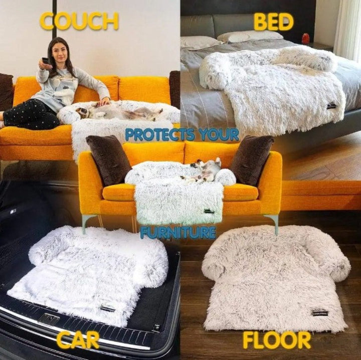 Weißes, flauschiges Hundesofa auf Sofa, Bett, Auto und Boden, schützt Möbel, vielseitig einsetzbar.