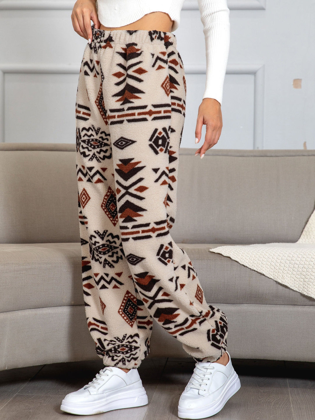 Fleece-Jogginghose Damen, beige, Aztekenmuster, gemütlich, modisch, Freizeitkleidung, Herbstmode