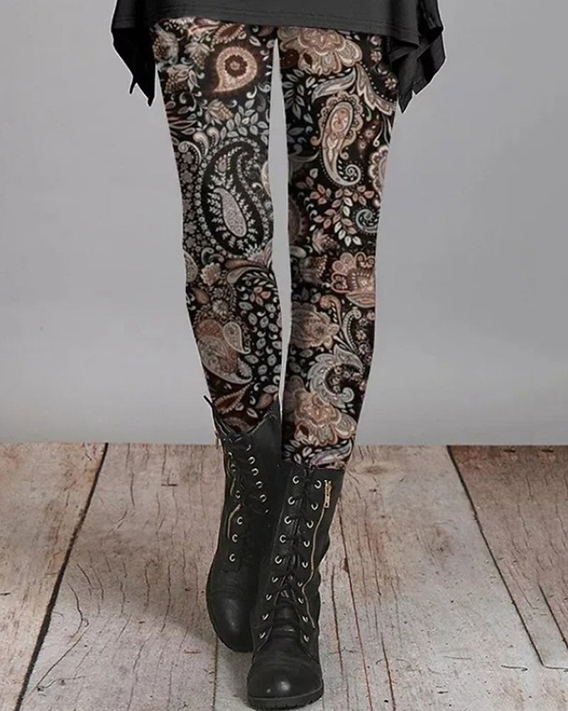 Damen-Leggings mit Paisley-Muster, schwarz-braun, modisch, bequem, Herbstmode.