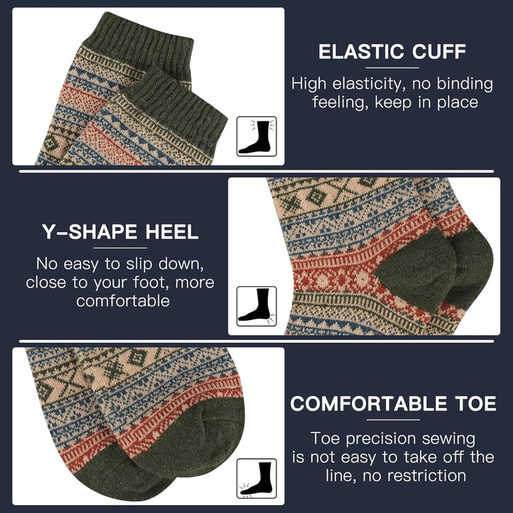 Warme Wollsocken mit elastischem Bündchen, Y-Ferse, bequemem Zeh, mehrfarbiges Muster.