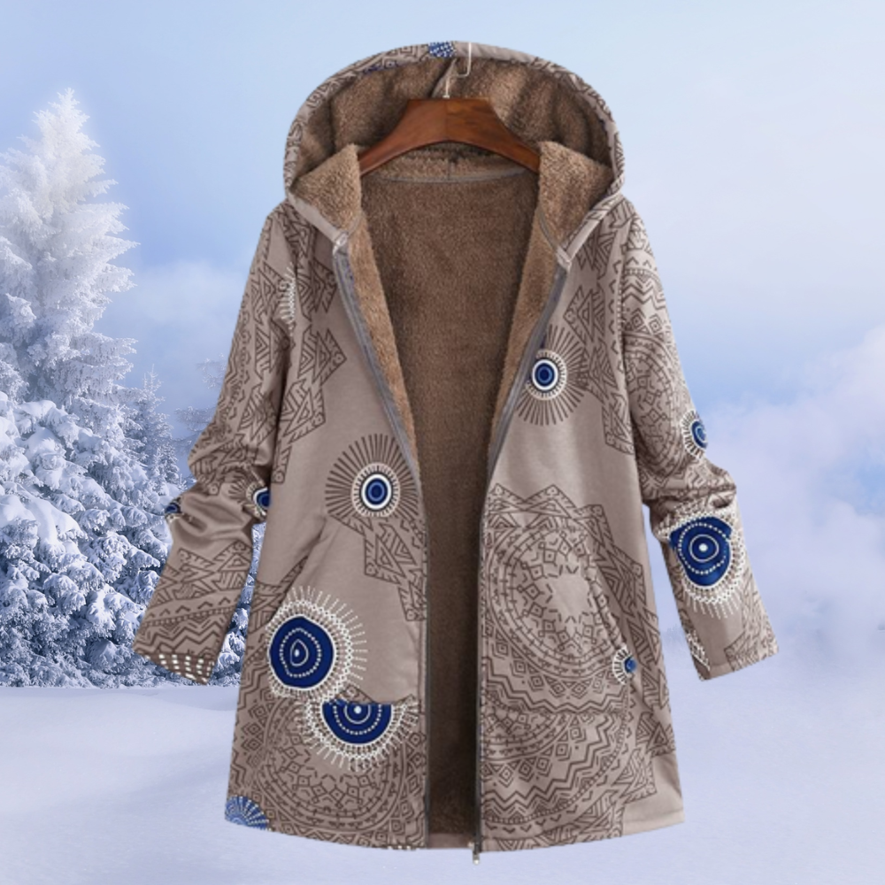 Damen Wintermantel mit Kapuze, beige, Ethno-Muster, warm gefüttert, ideal für kalte Tage.
