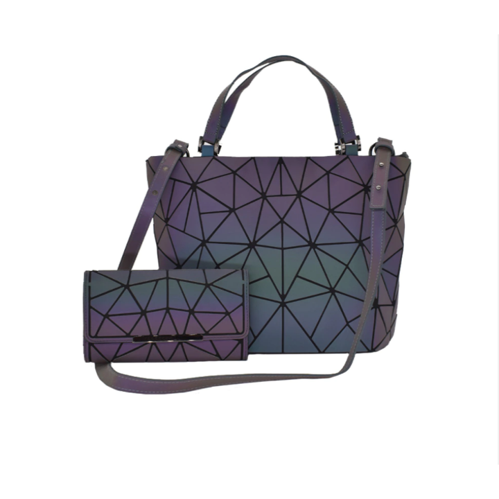 Geometrische Damenrucksack und Tasche, leuchtet im Dunkeln, mehrfarbig, modern, stilvoll.