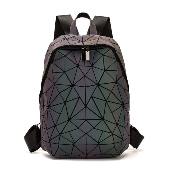 Geometrischer Damenrucksack, leuchtet im Dunkeln, dreieckiges Muster, schwarz, modisch.