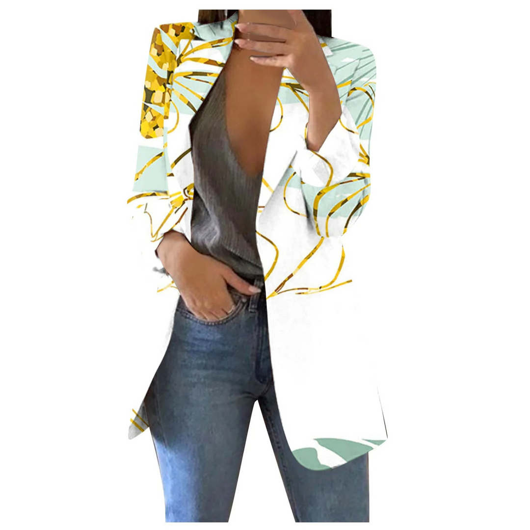 Damenblazer mit Print, weiß-gelb, Reverskragen, schlanke Passform, modisch, elegant.
