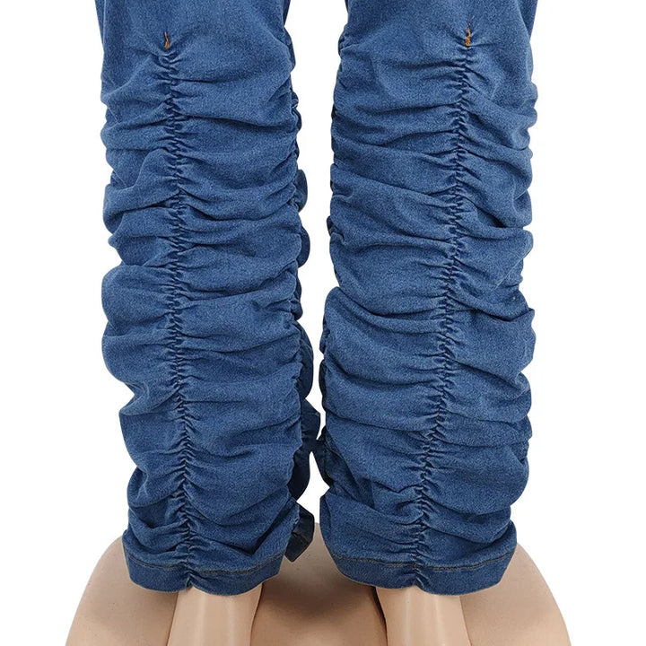 Blaue geraffte Jeansleggings für Damen, modische Stretchhose, bequemes Design