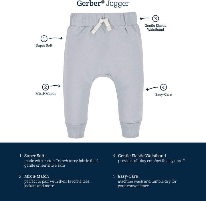 Gerber Baby Joggerhose, hellgrau, weiche Baumwolle, elastischer Bund, pflegeleicht.