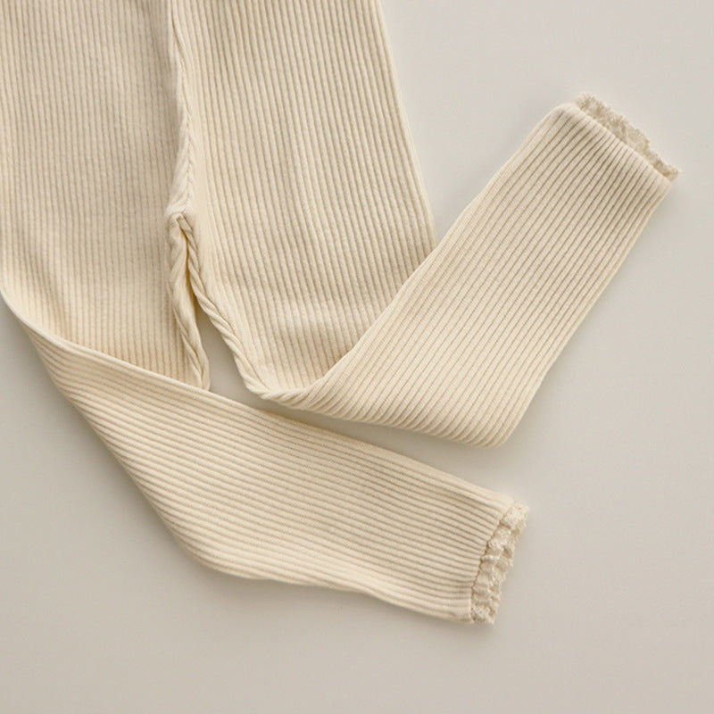Beige gerippte Leggings aus Baumwolle, Damenmode, bequem, modisch, Herbstkleidung.