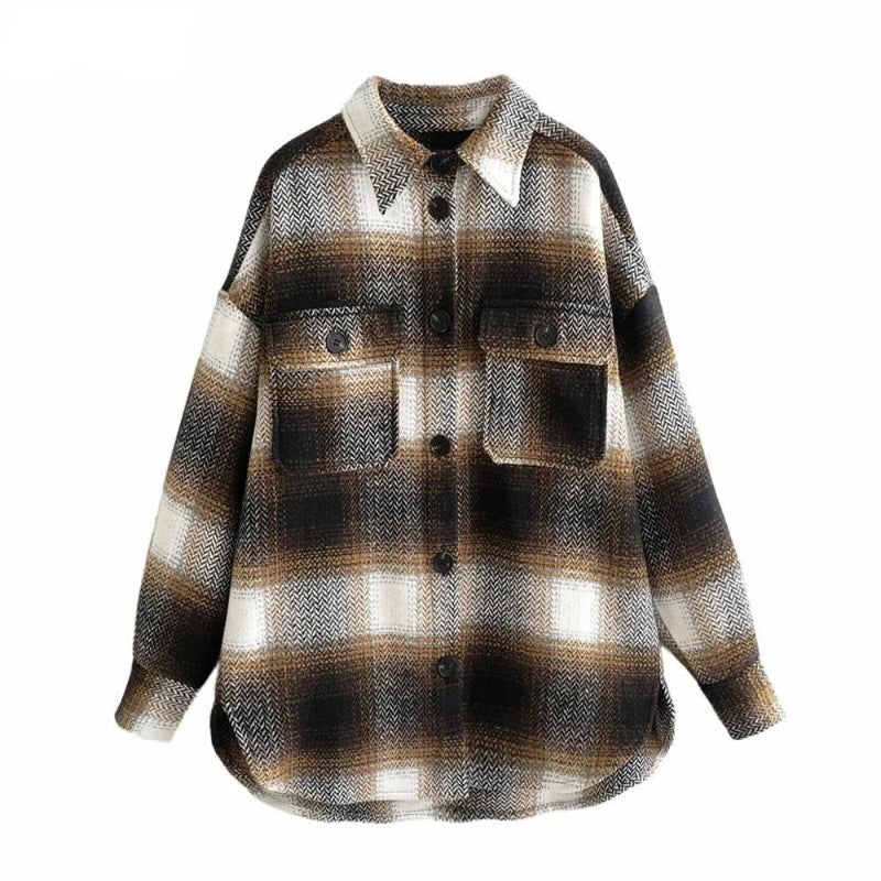 Damenjacke kariert braun, lang, Vintage-Streetwear, ideal für Frühling, modisch und bequem.