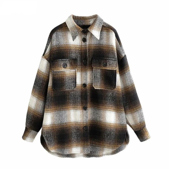 Damenjacke kariert braun, lang, Vintage-Streetwear, ideal für Frühling, modisch und bequem.
