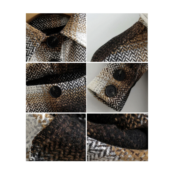 Damen-Tartan-Mantel, halblang, braun, Vintage-Streetwear, ideal für Frühling, Knopfdetails.